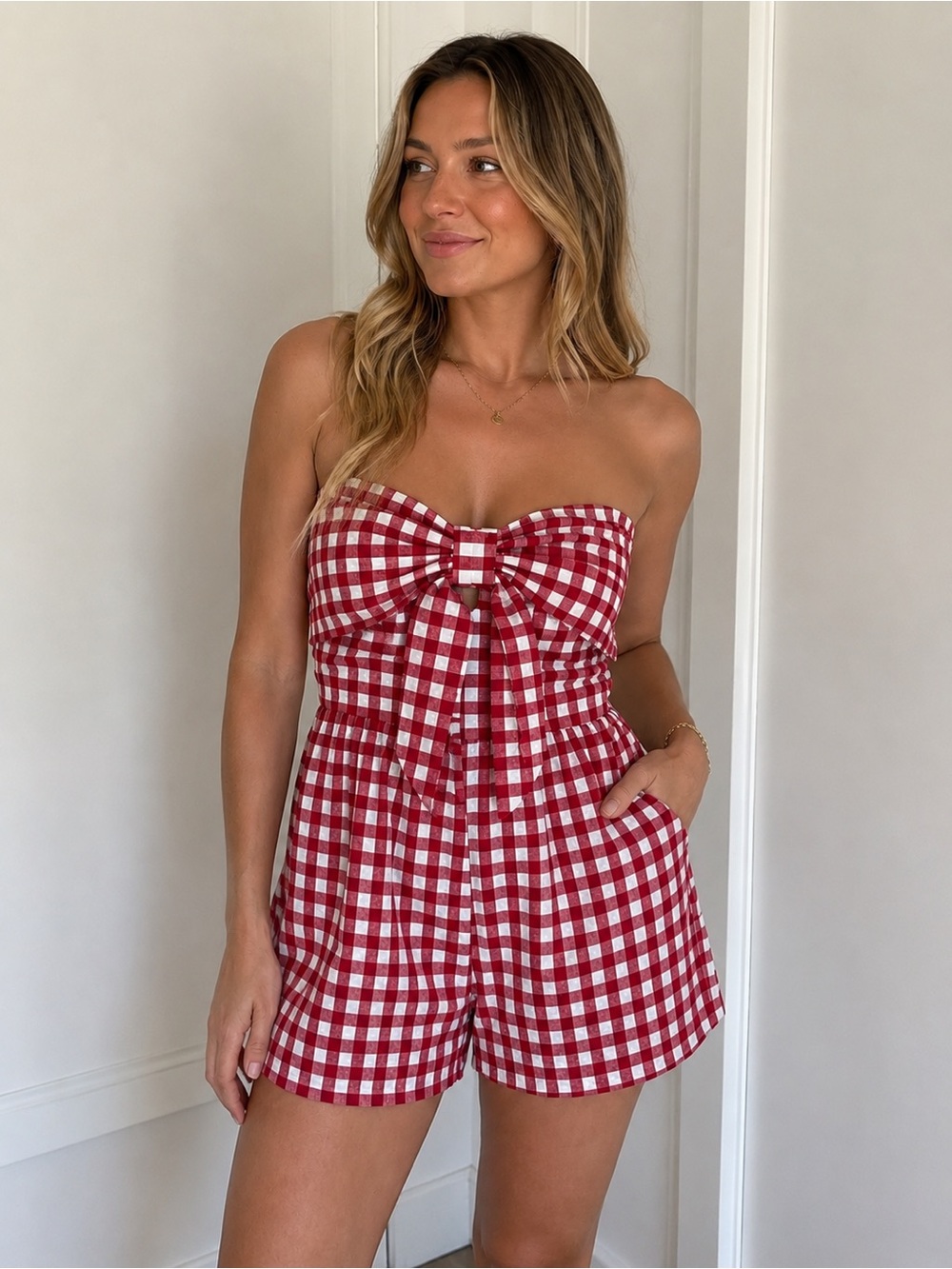 Francesca's Collections Red & White Gingham Strapless Romper with Front Tie